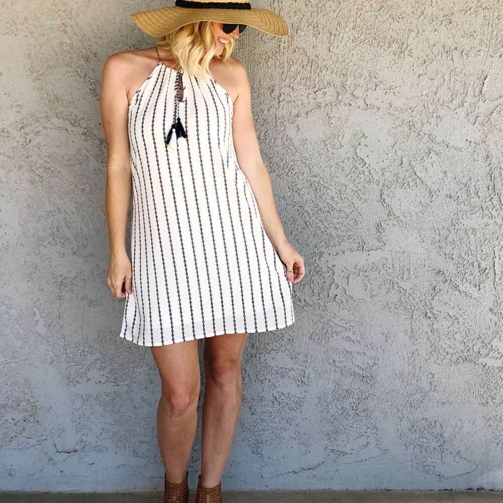 White and navy tie front dress